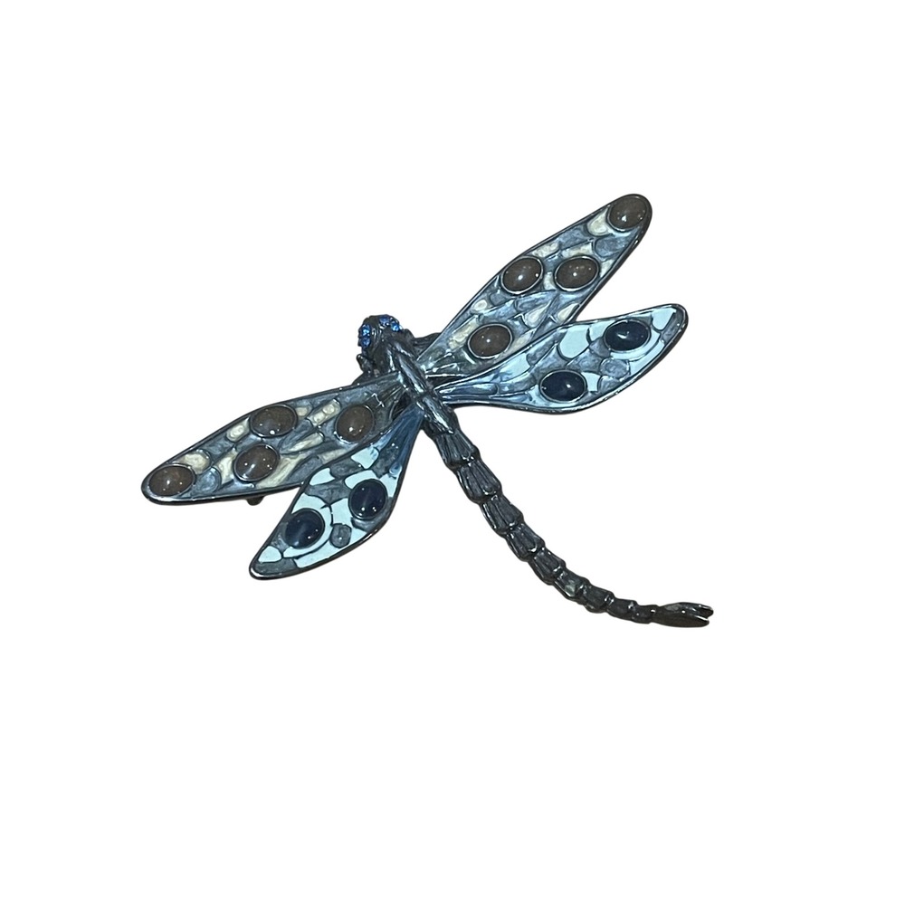 E. Pearl VTG Dragonfly Brooch Blue Brown Fairycore Enamel Statement Artsy Pin